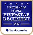 Healthgrades award badge for treatment of stroke, five-star recipient, 2022